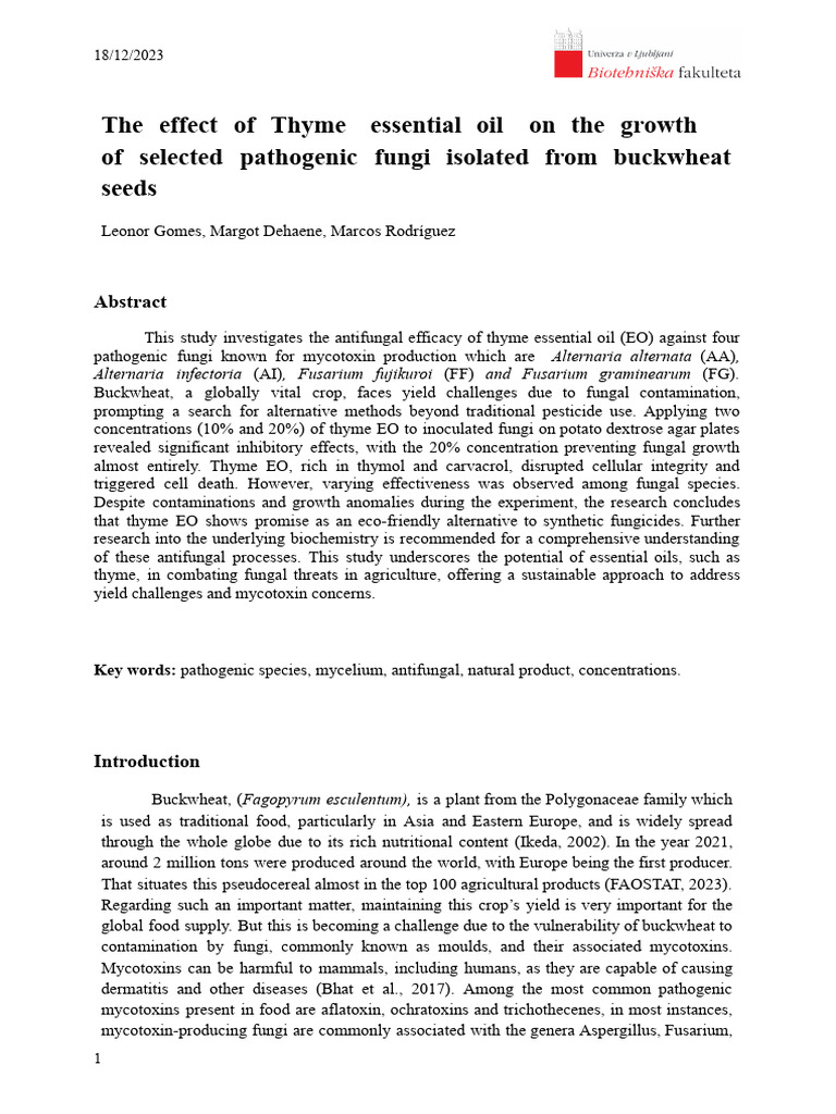 Thyme Essential Oil Antifungal Propperties Against Crop Pathogens PDF