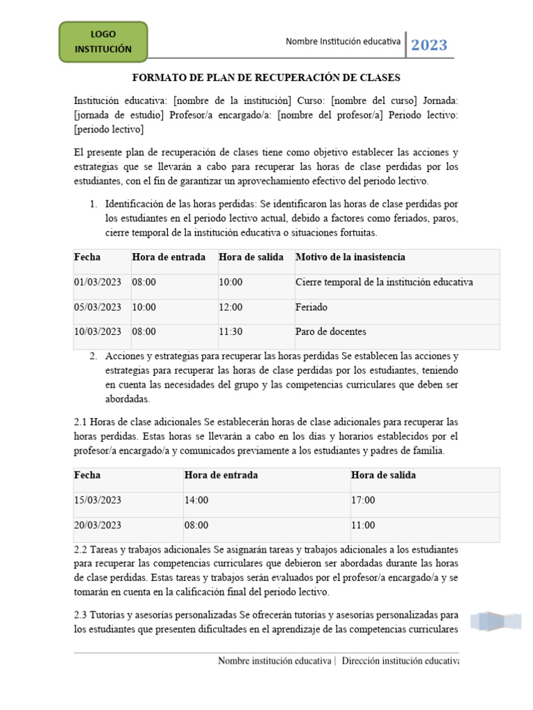 Formato de Plan de Recuperación de Clases | PDF | Cognición | Aprendizaje