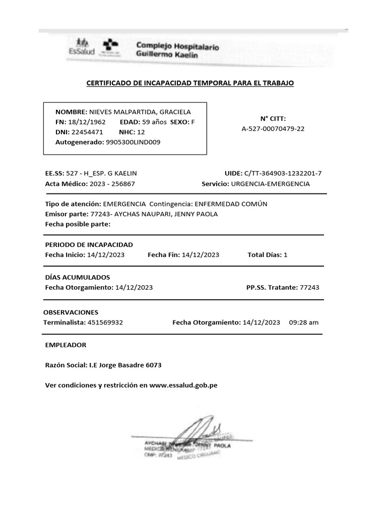 Certificado de Incapacidad Temporal | PDF
