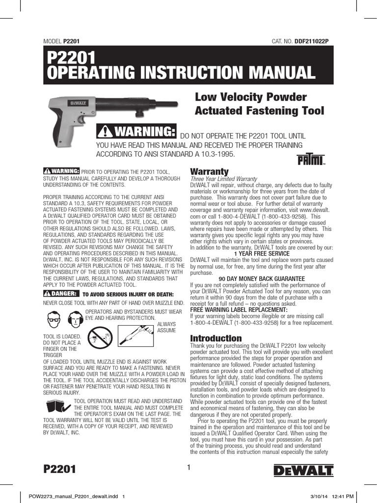 P2201 Operating Instruction Manual Low Velocity Powder Actuated