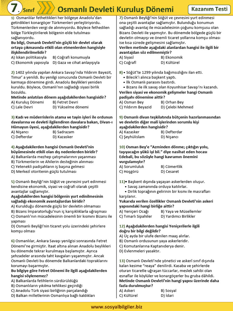 721 Osmanlı Devleti Kuruluş Dönemi Kazanım Testi | PDF