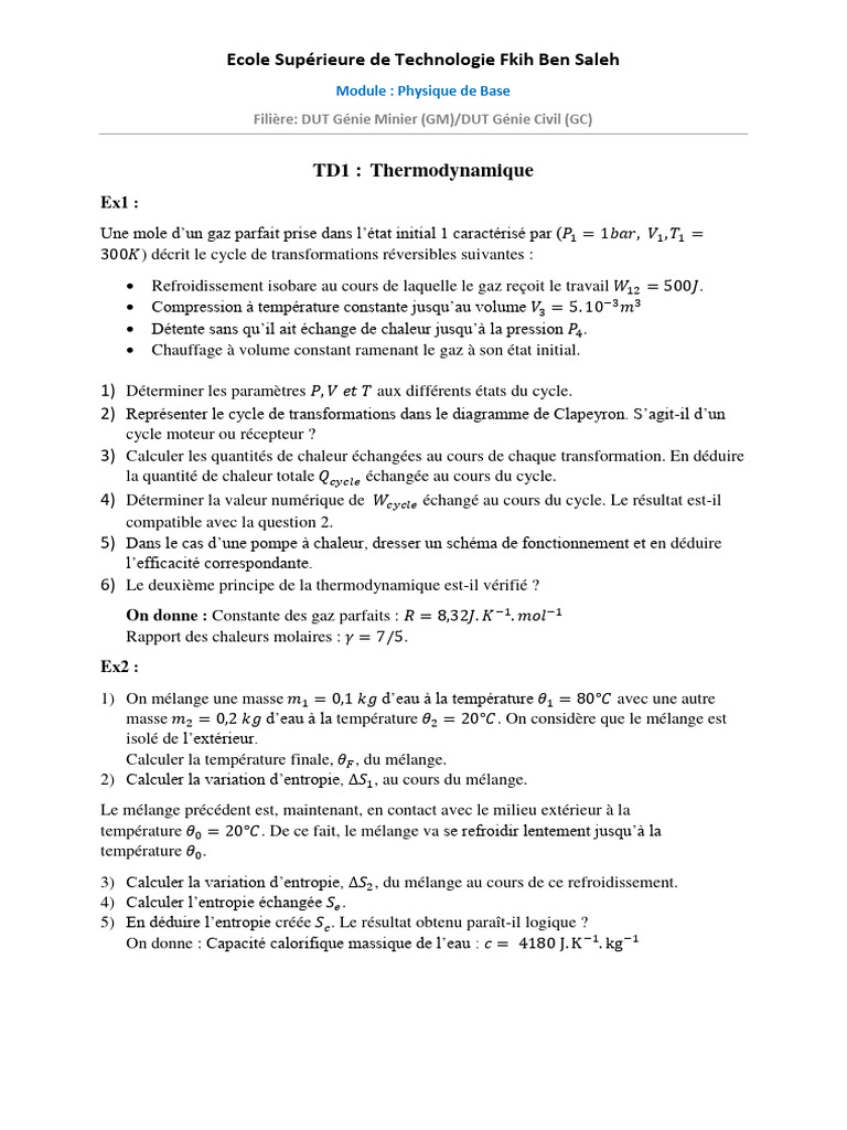 Thermodynamique - TD1 DUT GM/GC | PDF