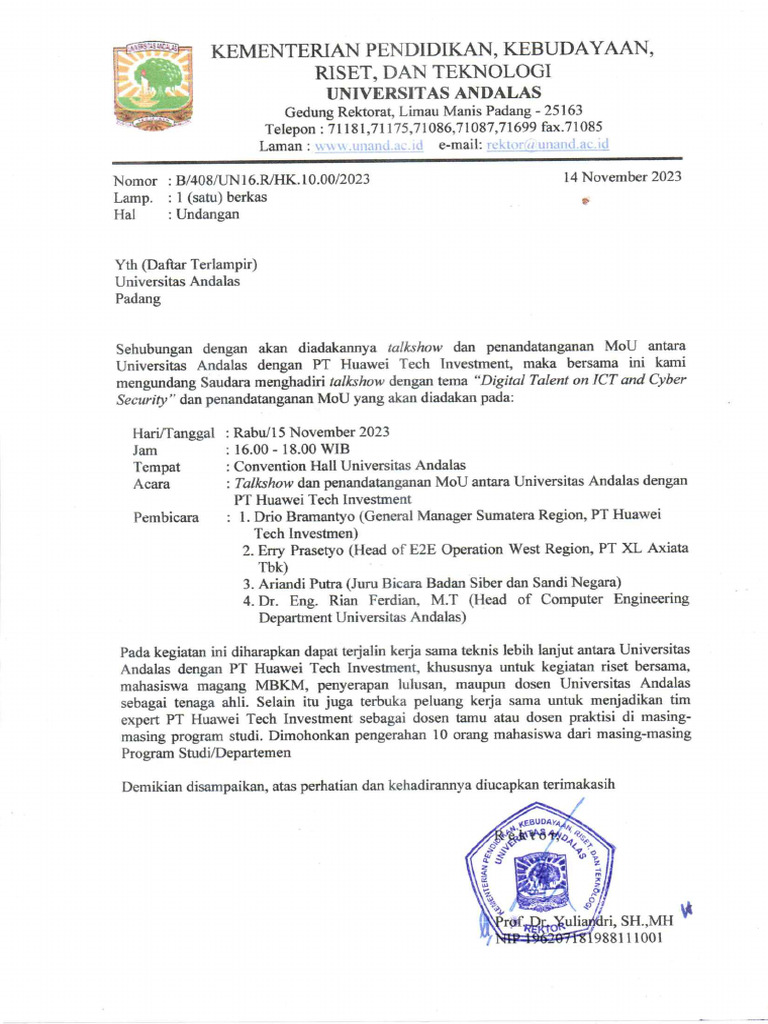 Undangan Kuliah Umum Dan Penandatanganan MoU PT Huawei | PDF