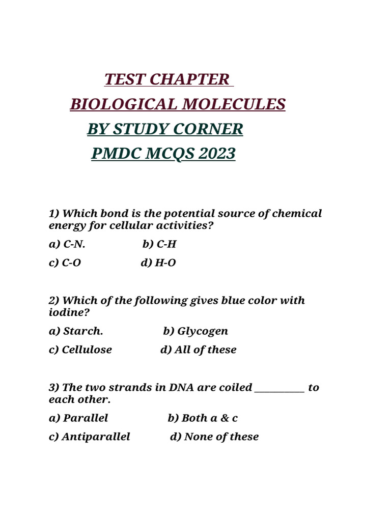 Test Biological Molecules Mcqs 2023 PDF Carbohydrates Biomolecules