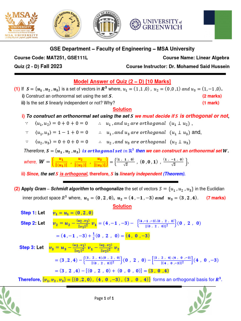 Linear Algebra Quiz Model Answers | PDF | Geometry | Mathematical Relations