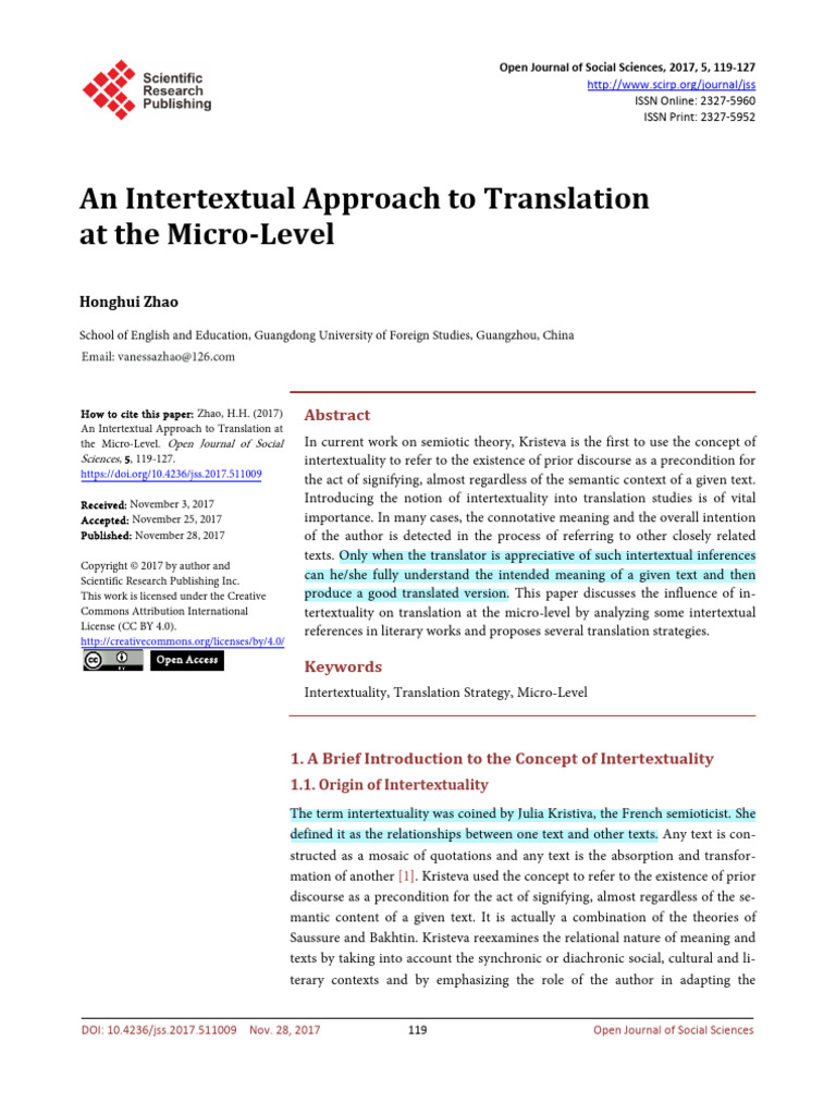 Zhao - An Intertextual Approach To Translation at The Macro-Level | PDF ...