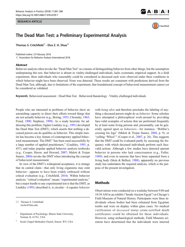 Critchfield (2018) Experimental Analysis of The Deadman's Test | PDF ...