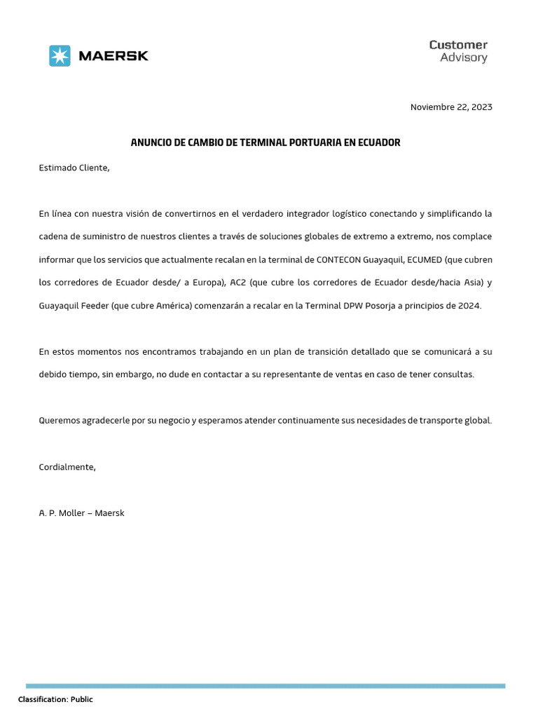 Maersk Customer Advisory_Posorja Spanish PDF