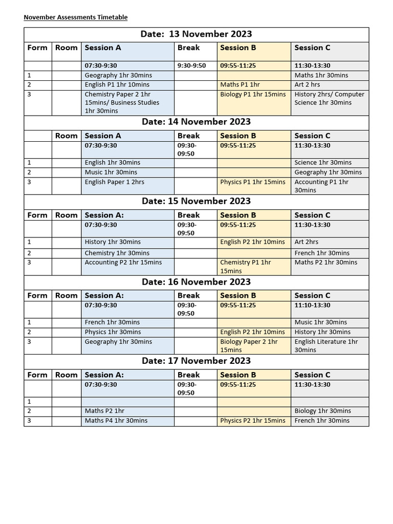 November Assessments Timetable 2023 (Oakwood Learners) | PDF ...