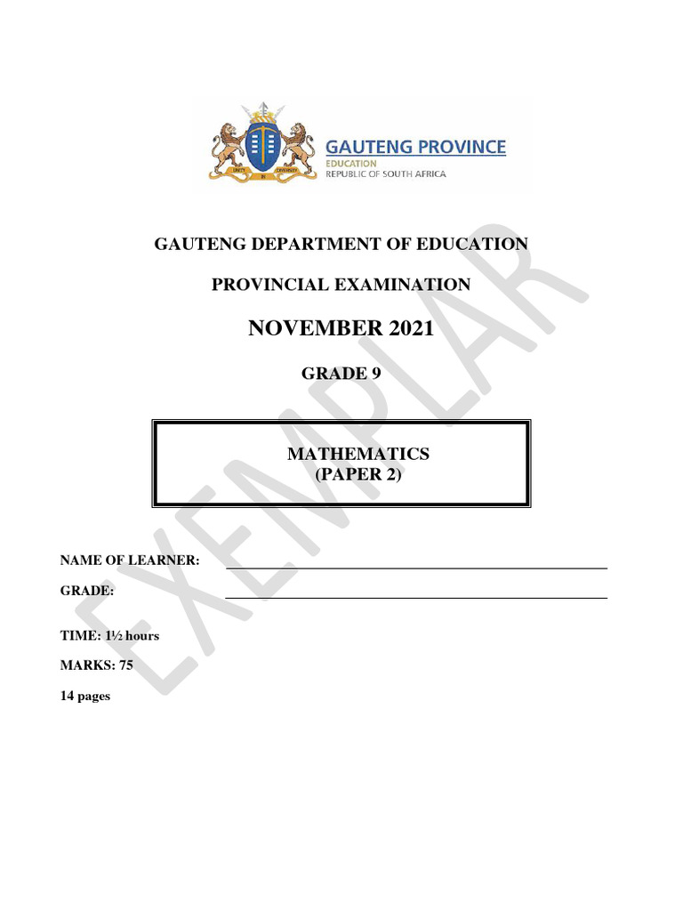 Grade 9 Provincial Examination Mathematics P2 English November 2021