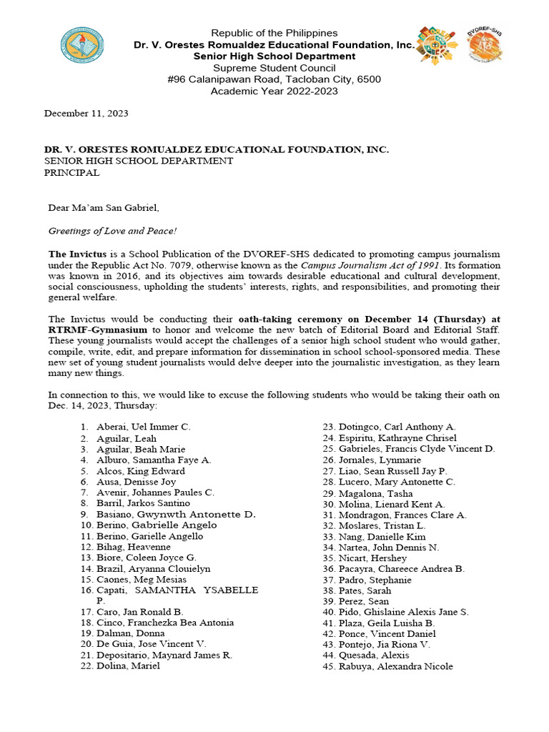 Letter For Oath Taking Invictus PDF