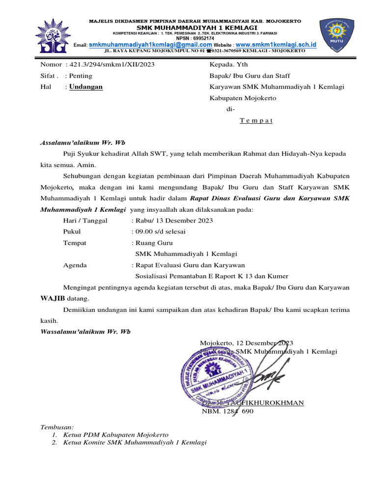 Surat Undangan Rapat Dinas Evaluasi Guru Dan Karyawan | PDF