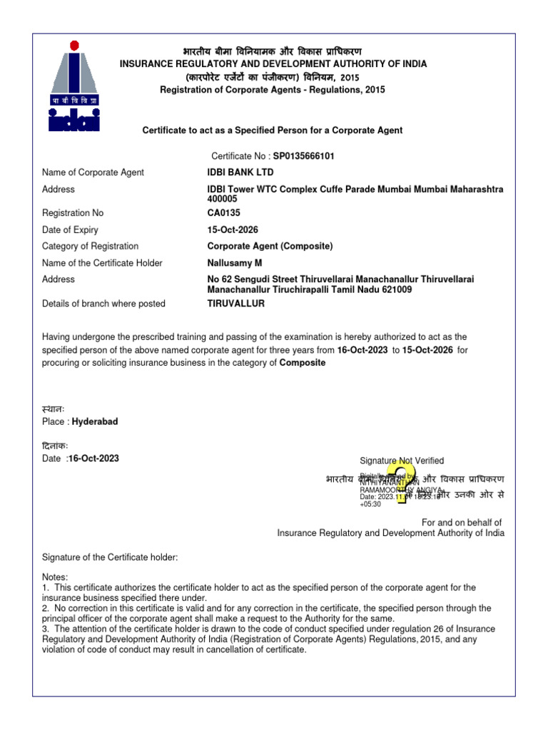 IRDA Certificate for Corporate Agent | PDF