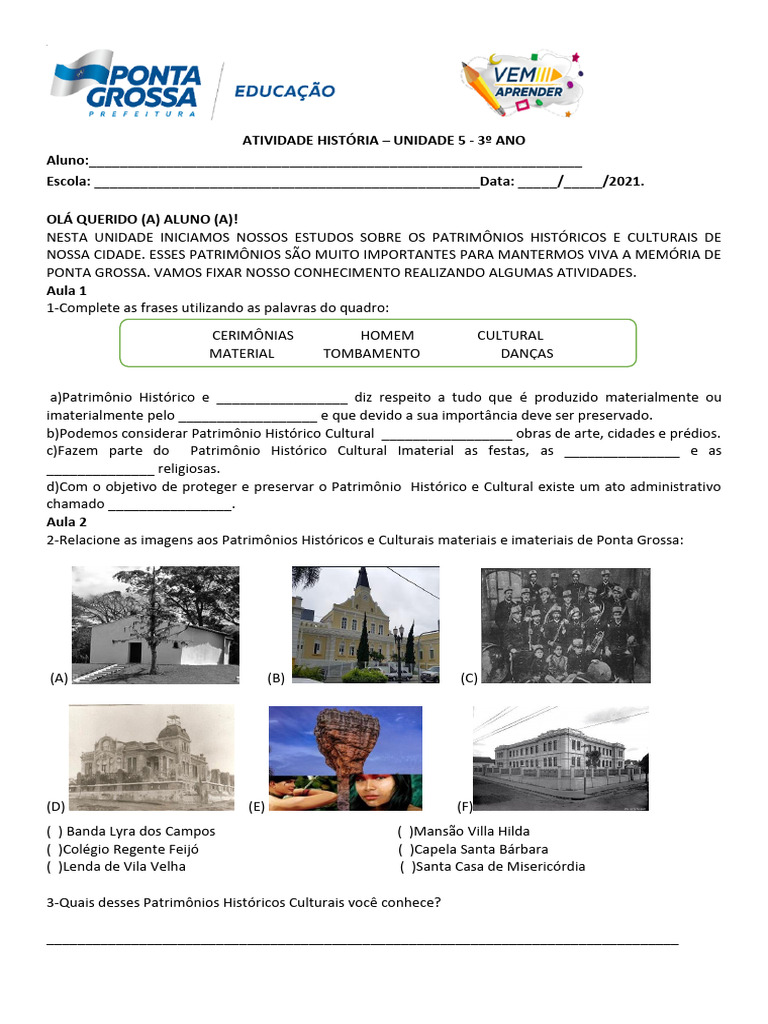 Atividades sobre Patrimônio Cultural 3º Ano | PDF