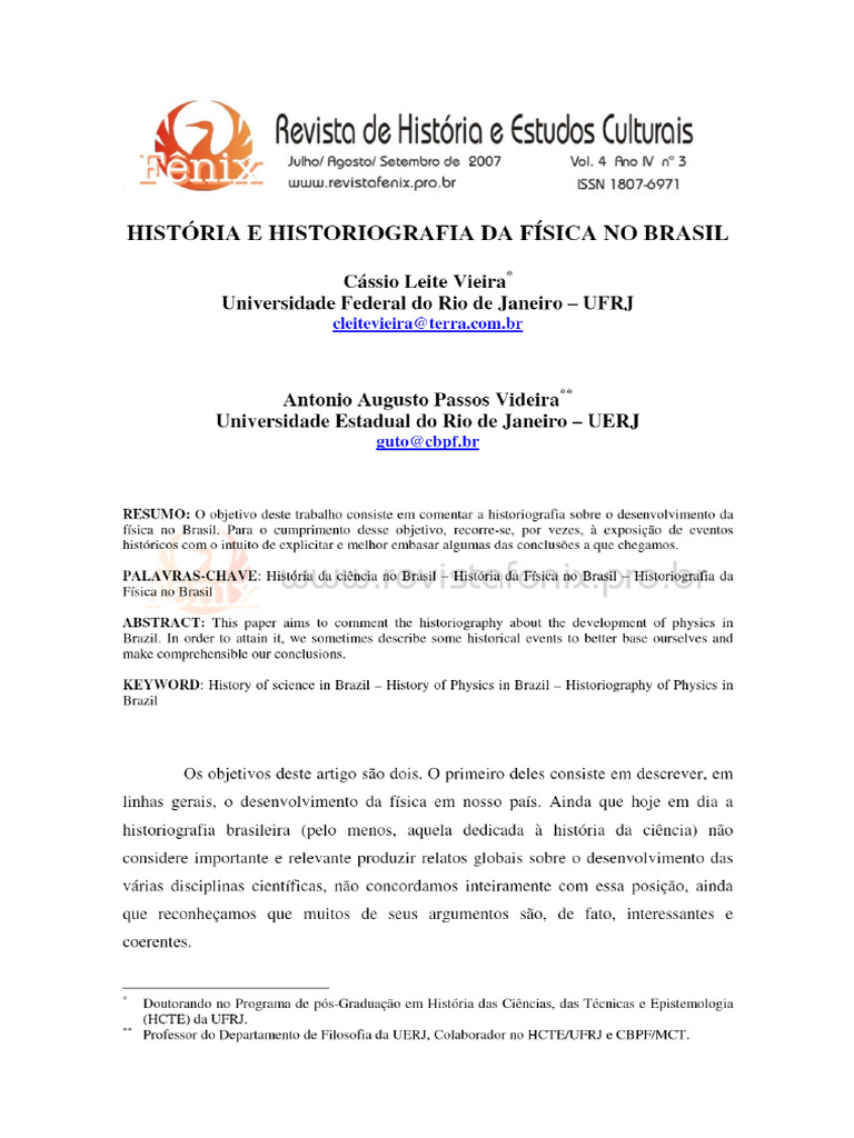Vista Do HISTÓRIA E HISTORIOGRAFIA DA FÍSICA NO BRASIL | PDF