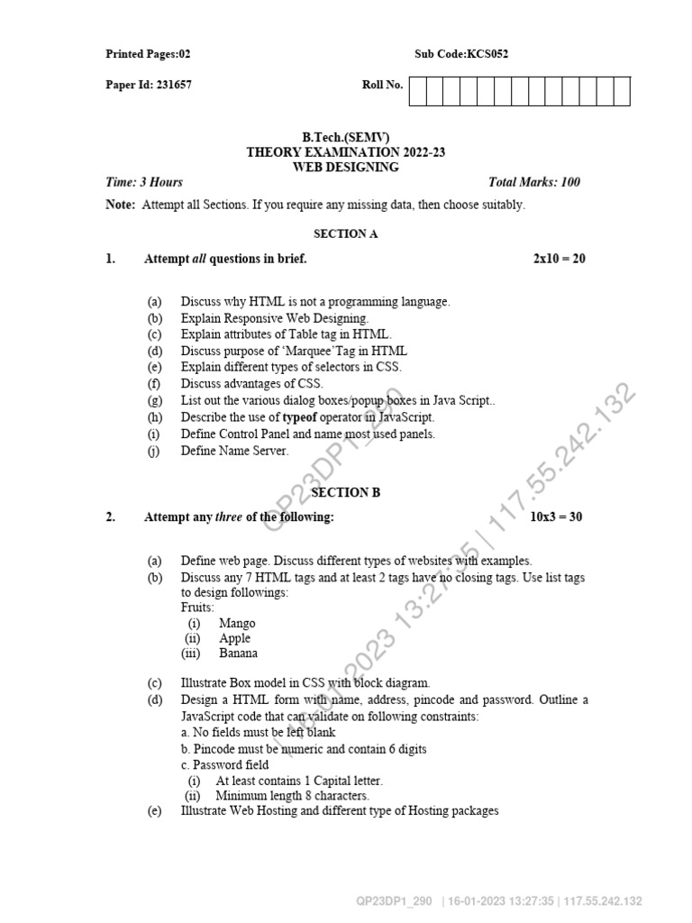 Web Designing Question Paper 2023 | PDF