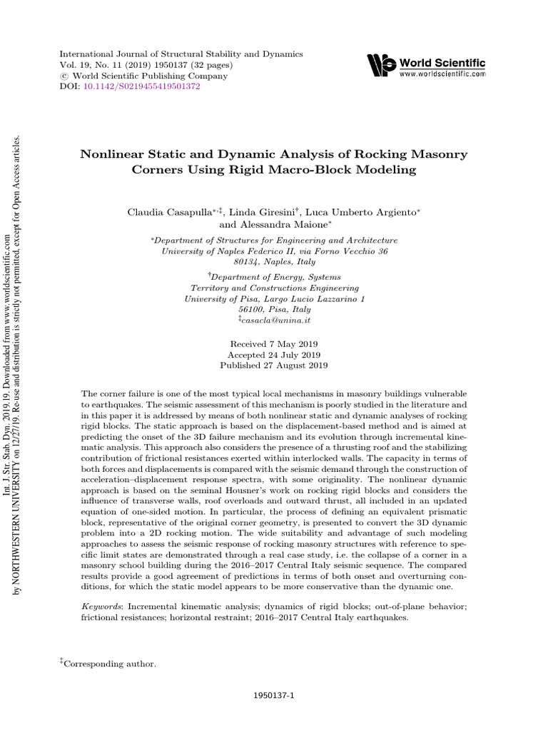 C. Casapulla Et Al., 2019. Nonlinear Static and Dynamic Analysis of ...