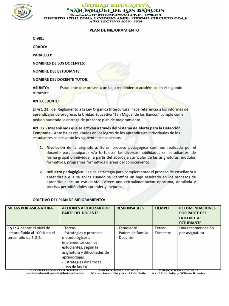 Formato De Plan De Mejoramiento Pdf Maestros Aprendizaje