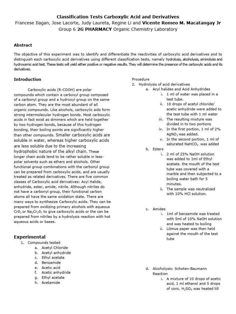 Formal report carboxylic acid and derivatives pdf carboxylic acid