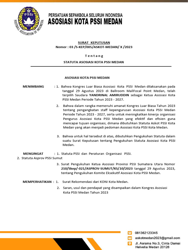 Skep Statuta PSSI ASKOT MEDAN 2023 | PDF