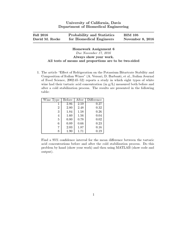 Biomedical Engineering Statistics Homework | PDF