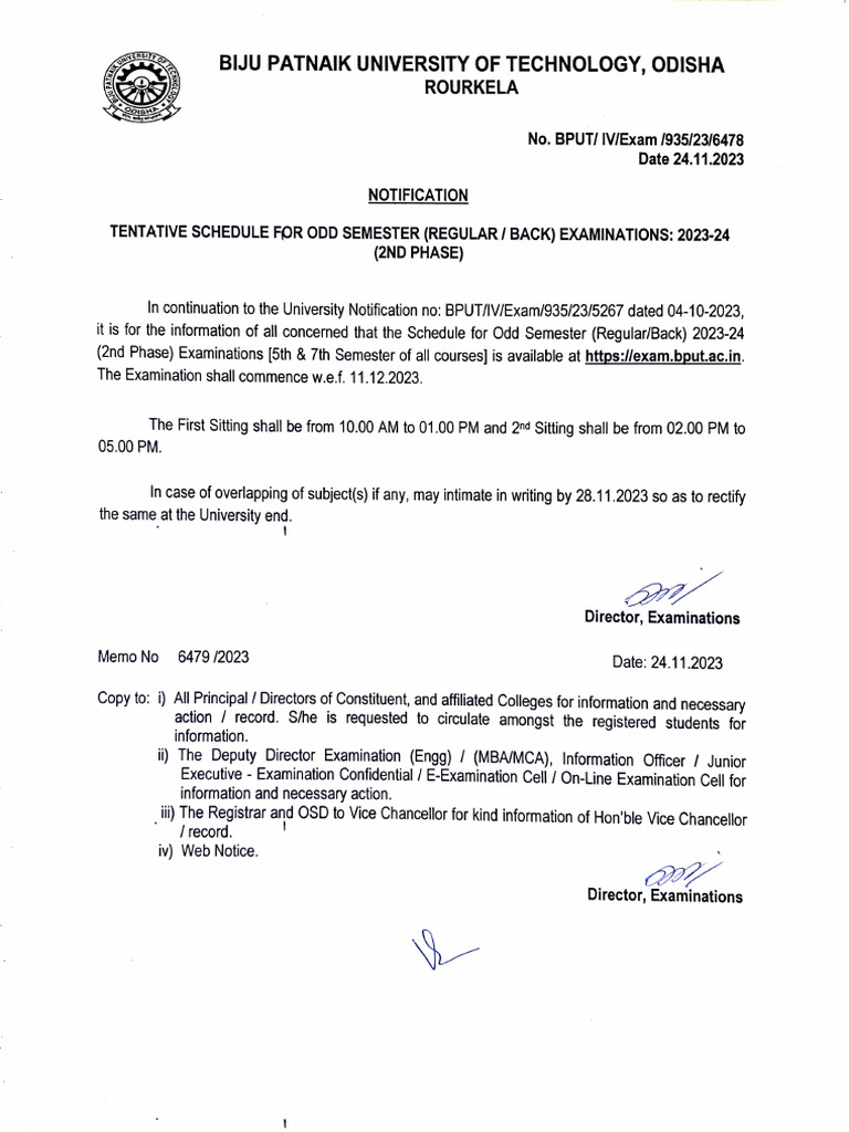 BPUT Odd Semester Exam Schedule 2023-24 | PDF