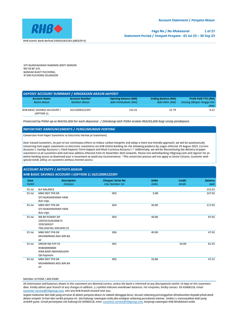 Account Statement: Jul-Sep 2023 | PDF | Payments | Debit Card