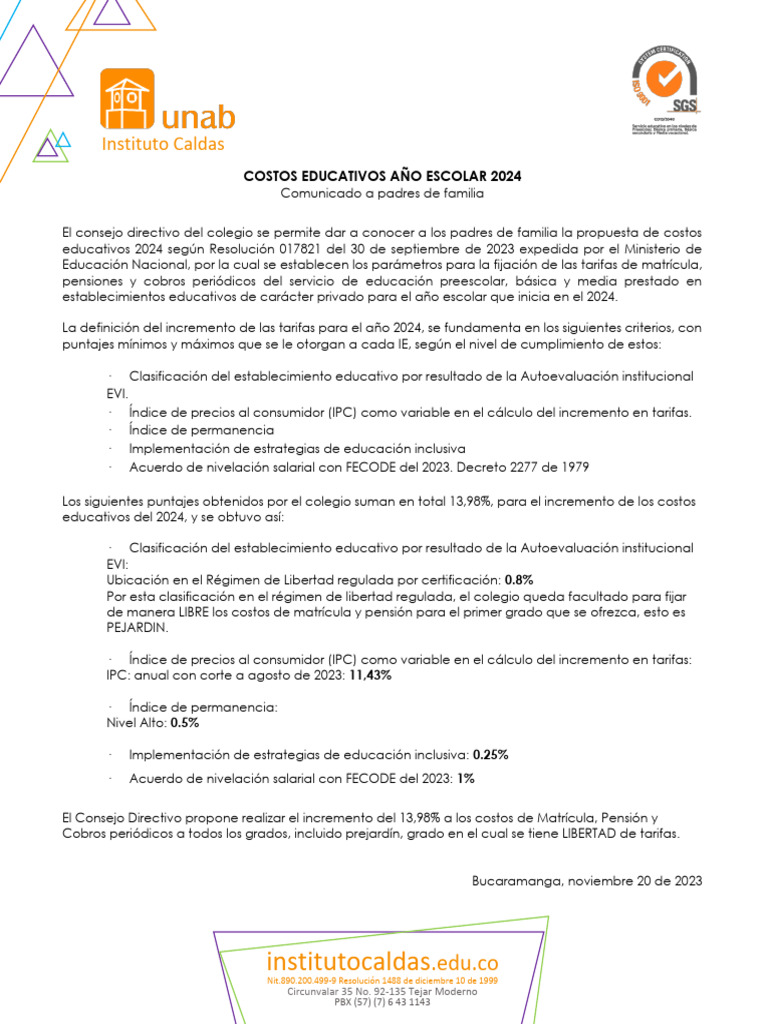 Costos Educativos Instituto Caldas 2024 | PDF | Índice de precios al ...
