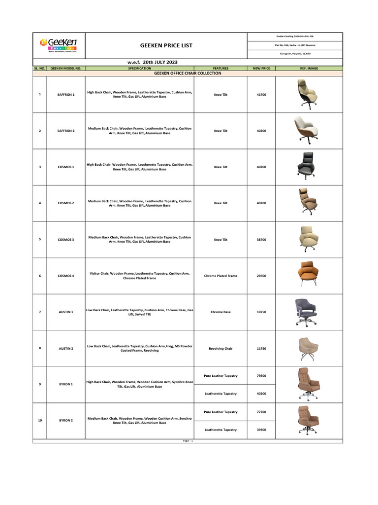 Geeken New Price List 2023 PDF Chair Materials