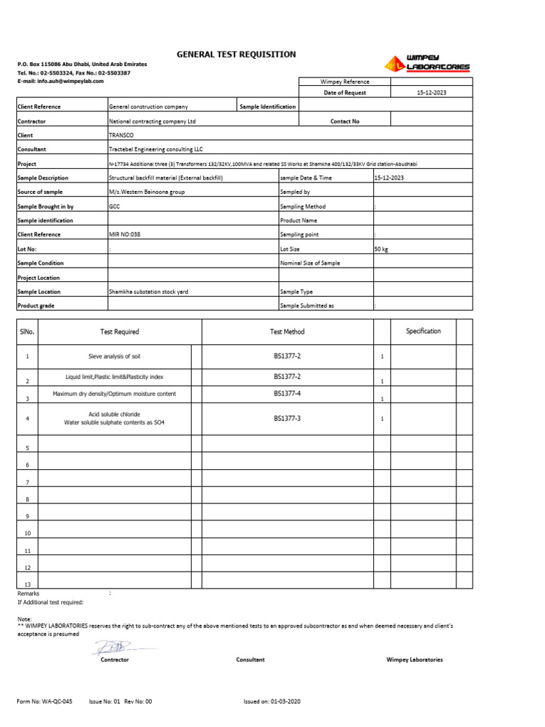 Wimpey Test Request | PDF