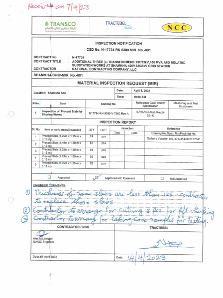 MIR No 001 Material Inspection For PRECAST SLABS For Shoring Works | PDF