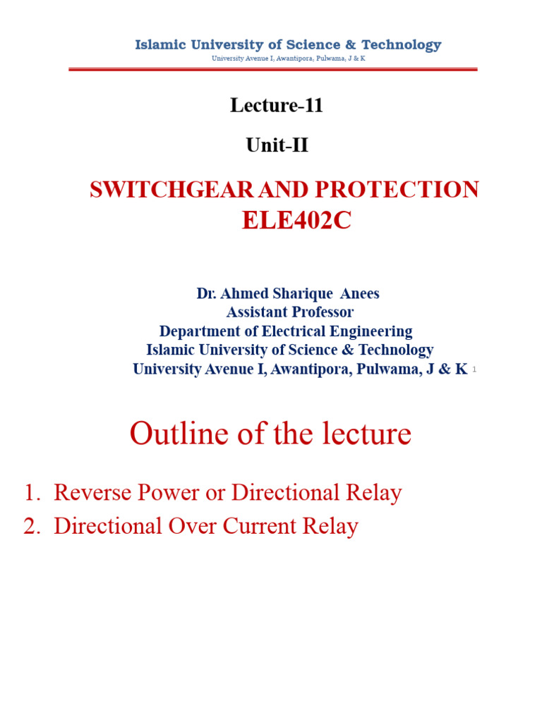 Lecture 11 Reverse Power Relay Directional Over Current Relay and Differential Relay