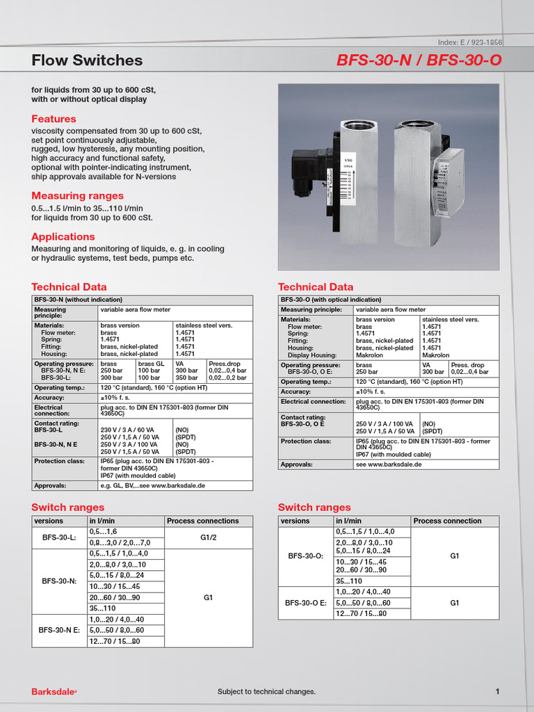 Flow Switches: BFS-30-N / BFS-30-O BFS-30-N / BFS-30-O | PDF