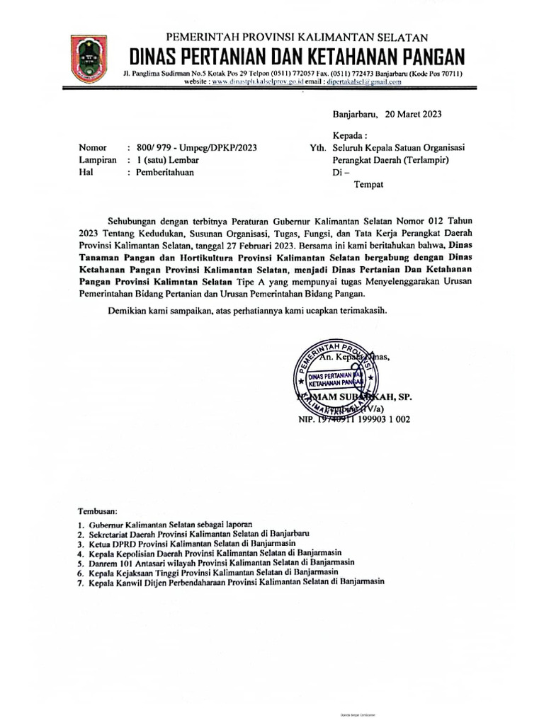 Pemberitahuan Perubahan Nama DTPH X DKP Menjadi DPKP | PDF