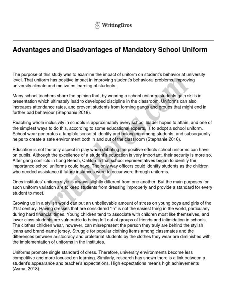 Advantages and Disadvantages of Mandatory School Uniform PDF Self