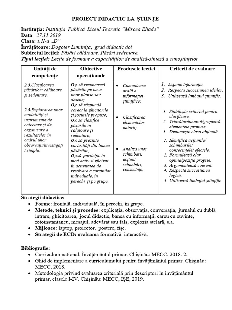 clasa-2-proiect-didactic-stiinte | PDF