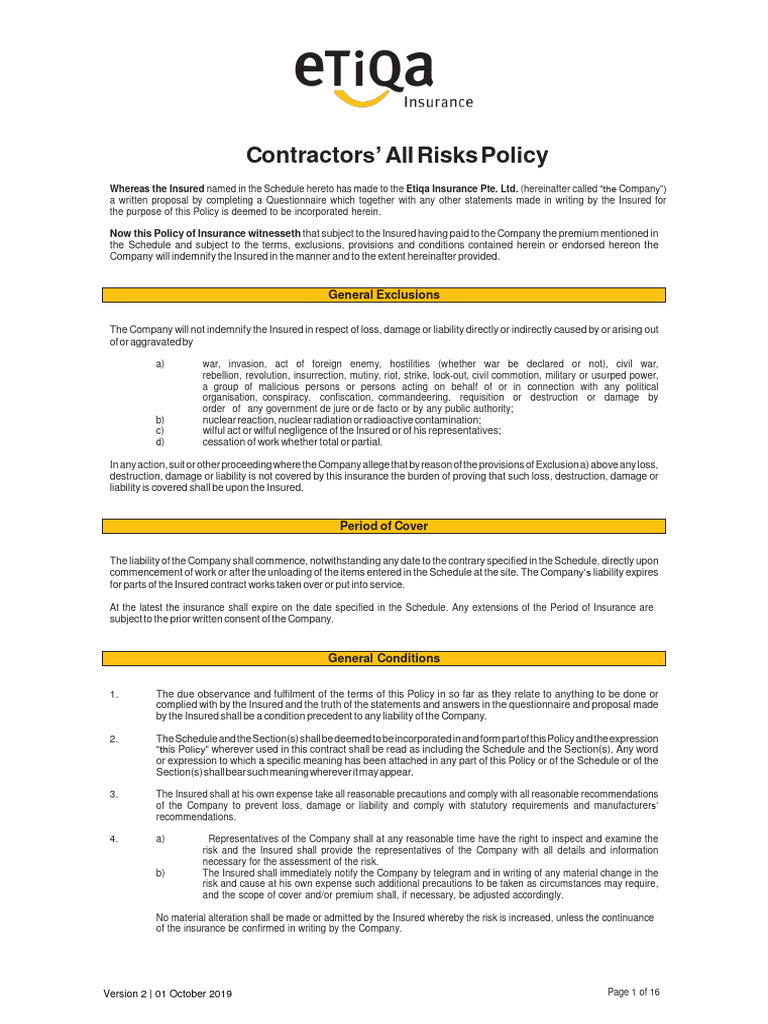 Contractors' All Risks Insurance Policy | PDF | Insurance | Indemnity