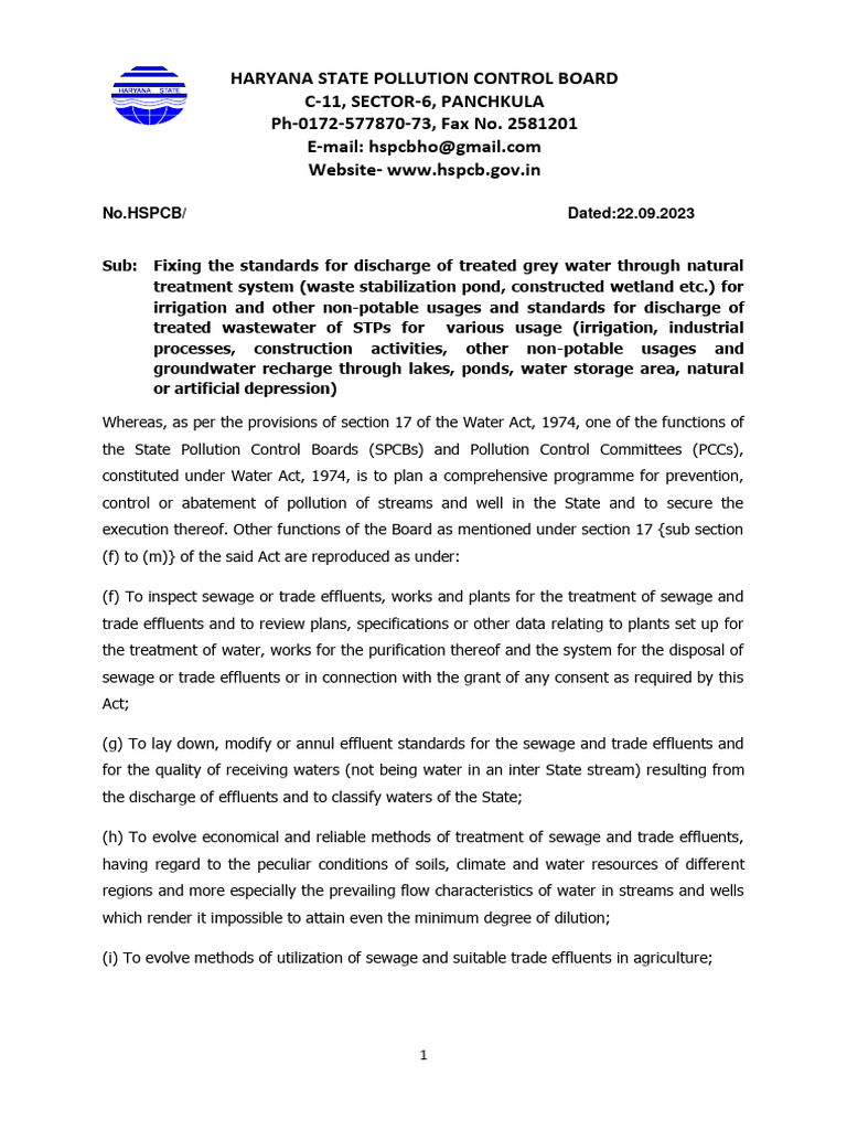 Haryana Treated Water Discharge Standards | PDF | Sewage Treatment ...