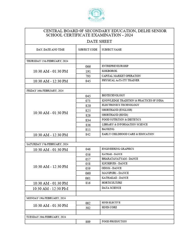 Class XII Datesheet 2024 PDF