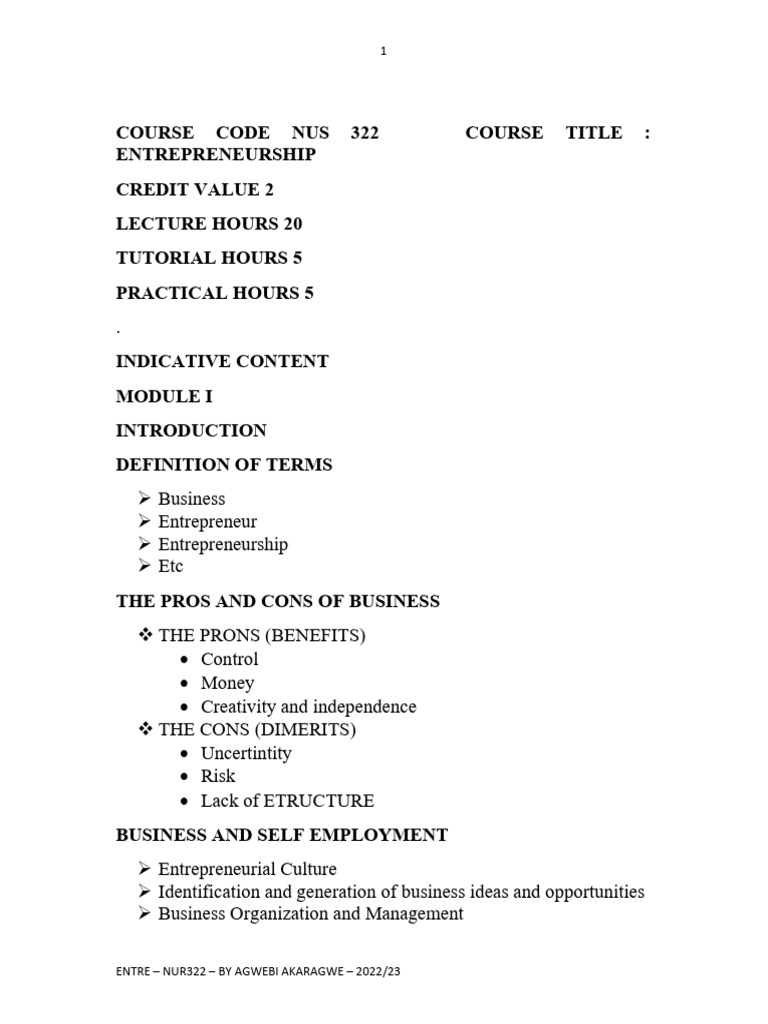 Lecture Notes On Entrepreneurship Pdf