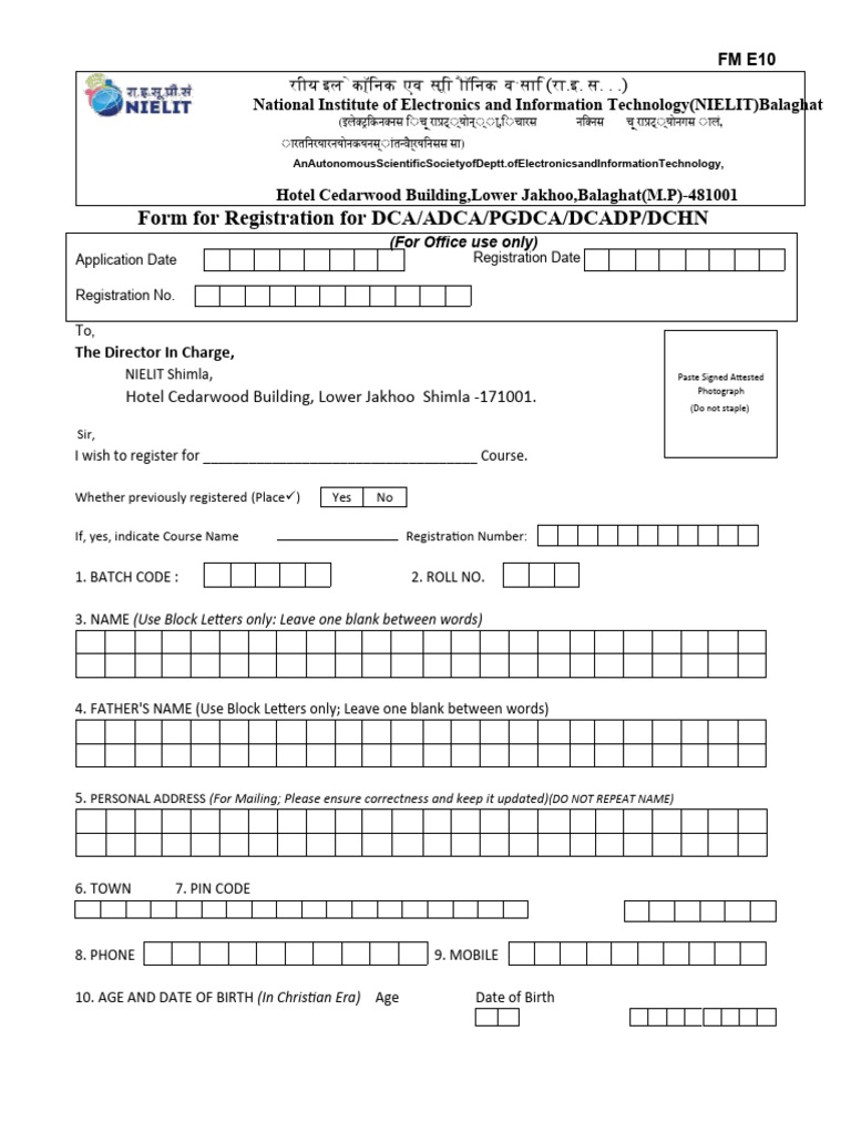 Form For Registration For DCA/ADCA/PGDCA/DCADP/DCHN PDF Diploma Form For Registration For DCA/ADCA/PGDCA/DCADP/DCHN PDF Diploma