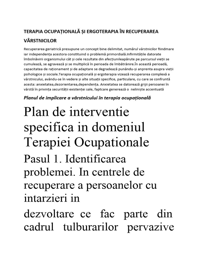 Plan de Interventie Specifica in Domeniul Terapiei Ocupationale | PDF