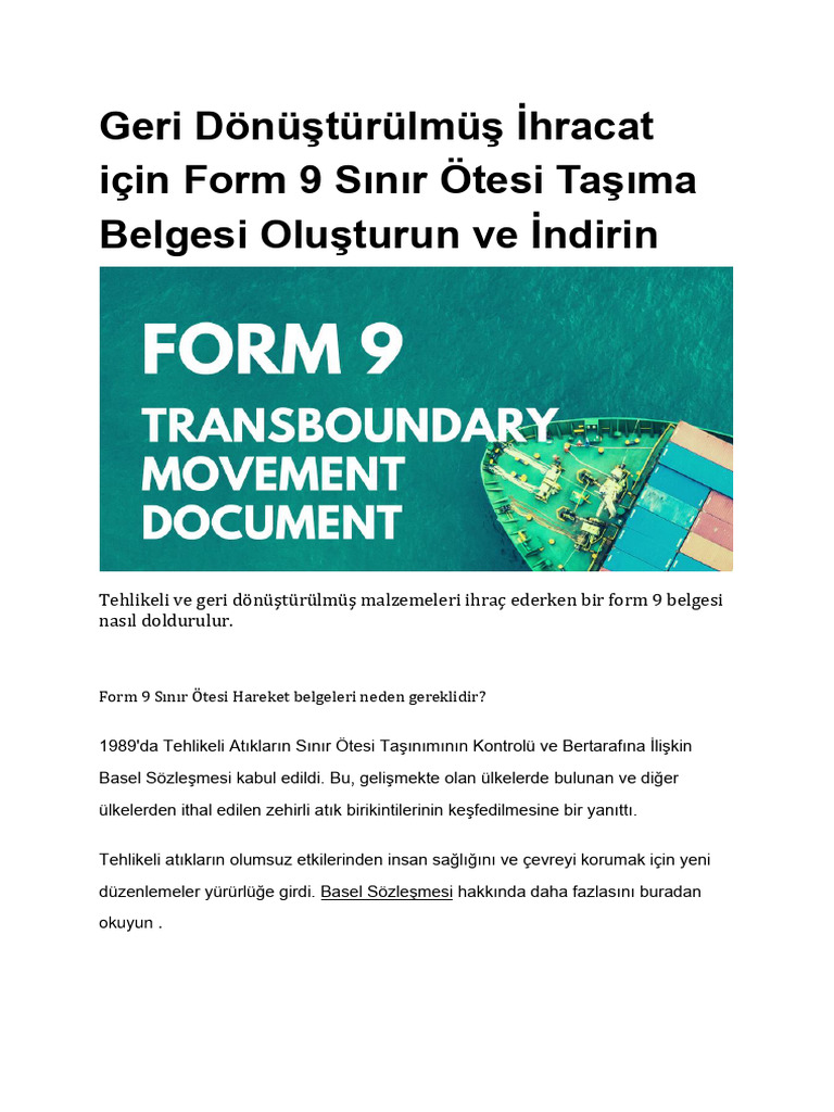 Geri d n t r lm hracat i in form 9 s n r tesi ta ma belgesi