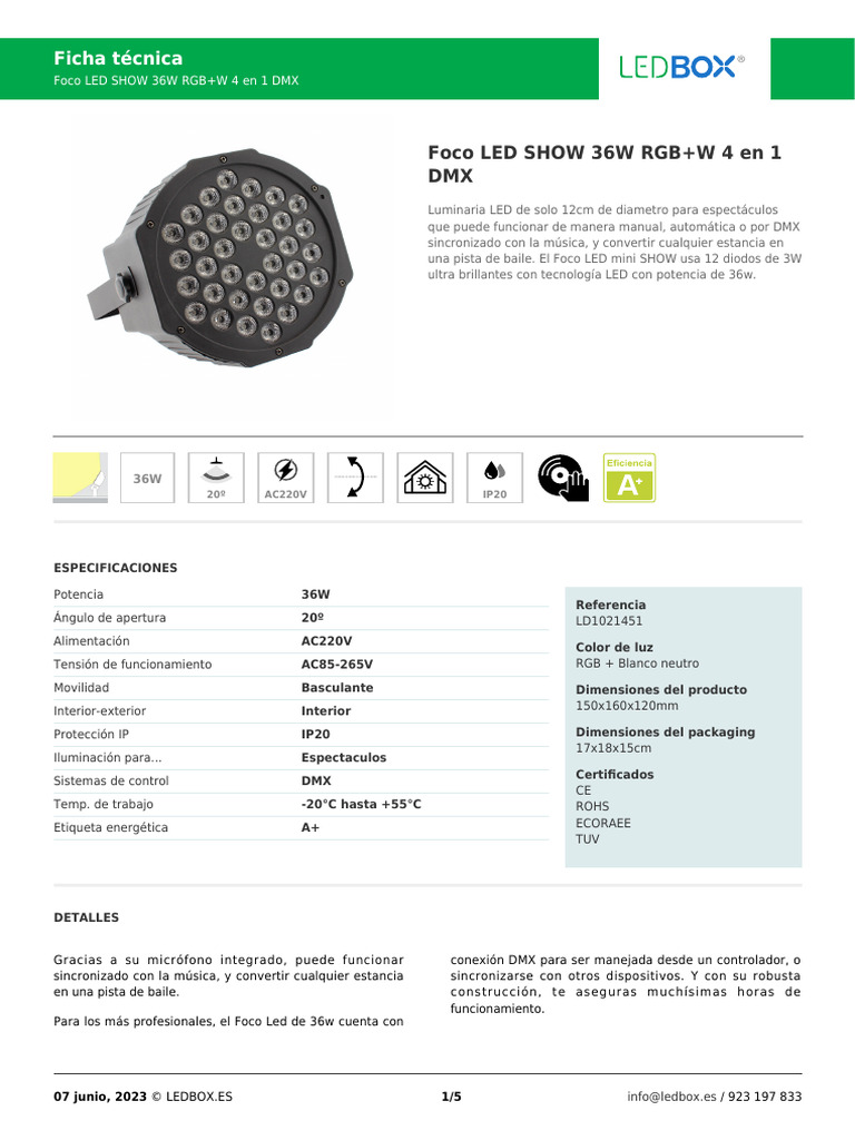 Foco LED 36W RGB+W DMX para Eventos | PDF