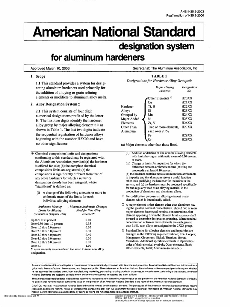 ANSI H35.3-2003 Reaffirmation | PDF | Alloy | Chemical Substances