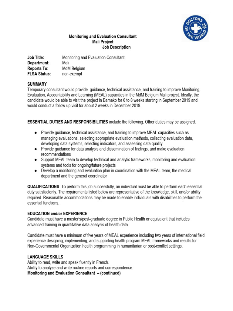 Job Description Monitoring and Evaluation Consultant Mali Download