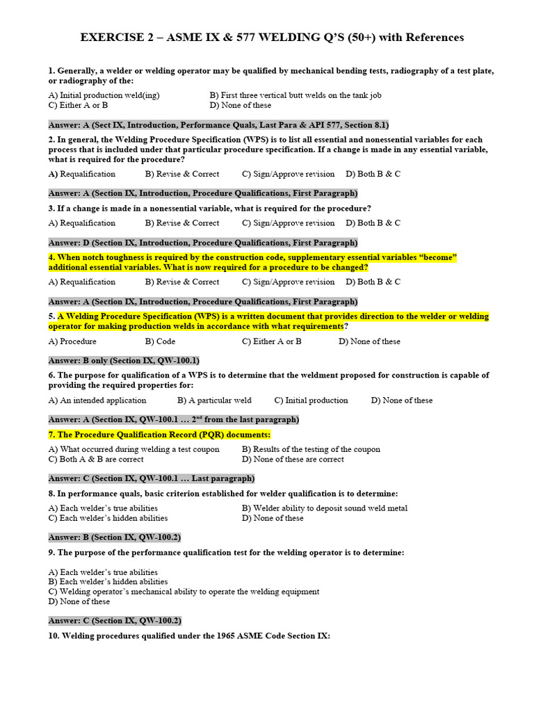 4 ASME IX Exam (61 Q A) PDF Construction Welding