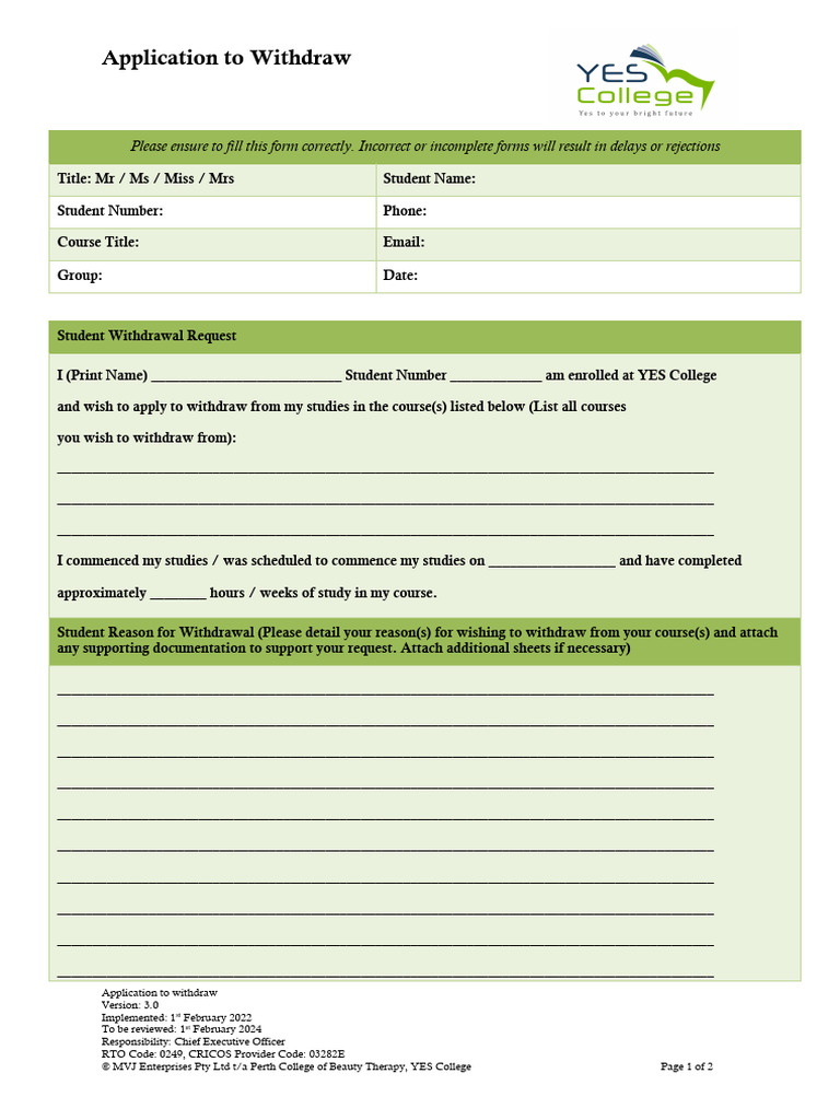 Student Withdrawal Application Form | PDF | Justice | Crime & Violence
