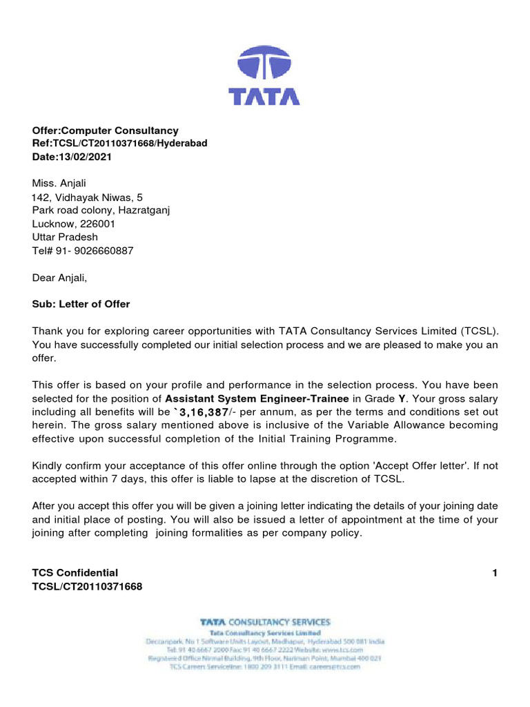 TCS Offer Letter for Anjali | PDF | Insurance | Taxes