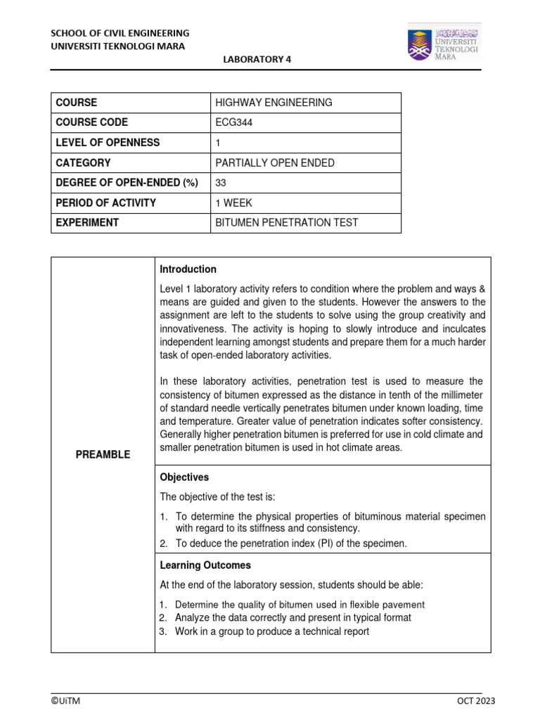 Lab 4 Bitumen Penetration Test Level 1 Pdf Laboratories